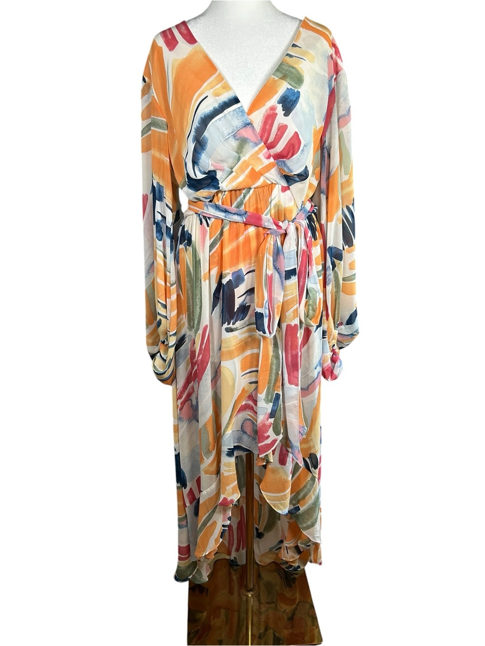 Fashion Nova Nadine Abstract Watercolor Long Sleeve High-Low Wrap Maxi Dress XL